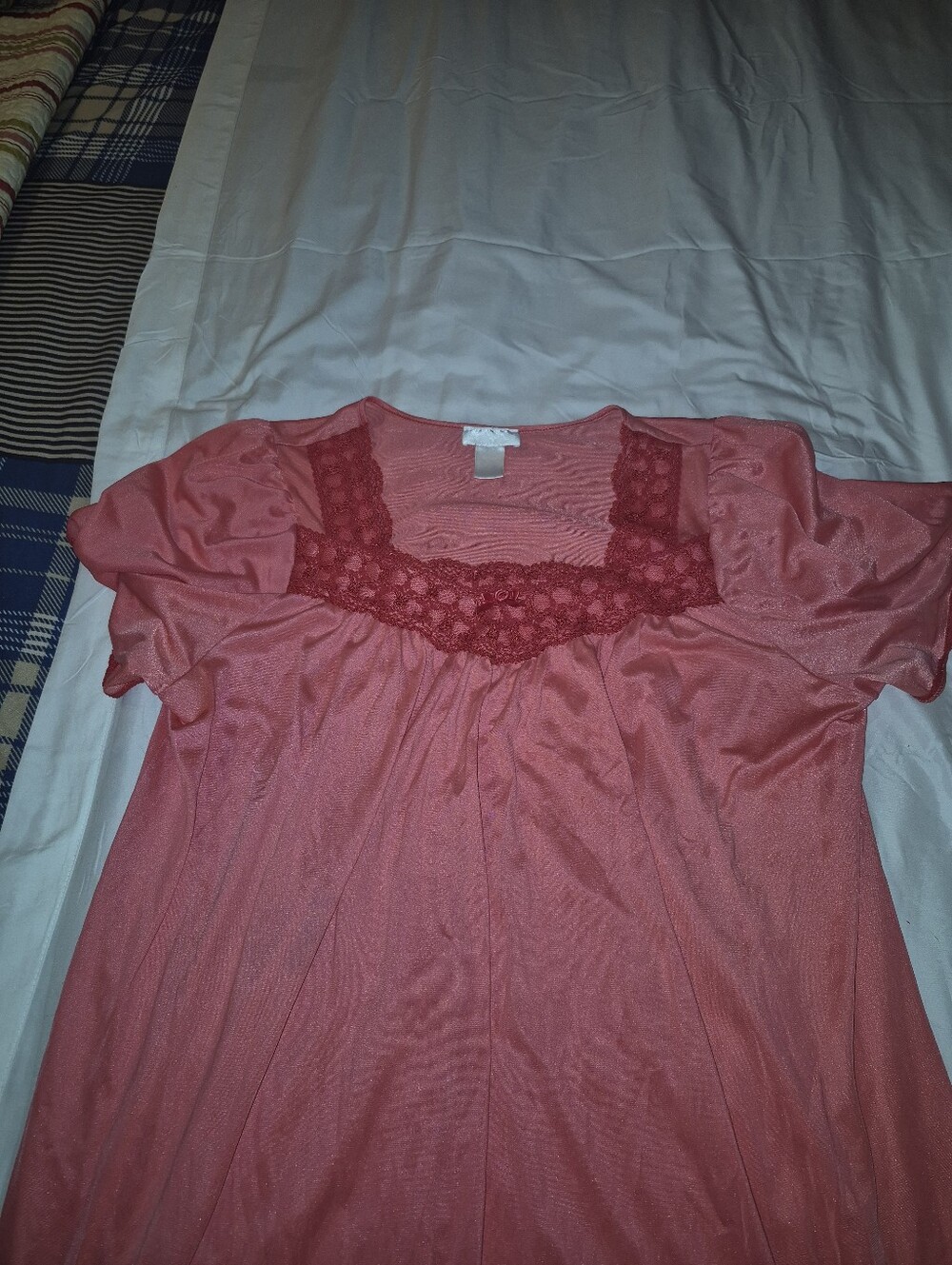 VINTAGE 80s hot pink silky nylon nightgown heart embroidered lace flutter sleeve